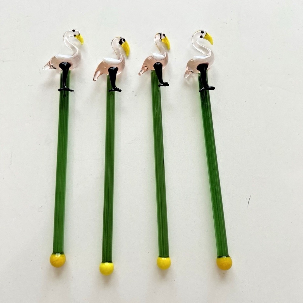 Pink Flamingo Swizzle Sticks Four blown Art Glass 5 3/4"